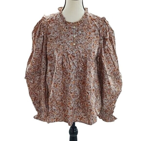 Universal Thread Blouse Brown Orange Floral Peasant Boho Long Sleeve Womens - Picture 1 of 7